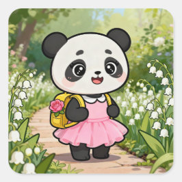 Pegatina Cuadrada Adorable Kawaii Panda Girl on a Dreamy Path