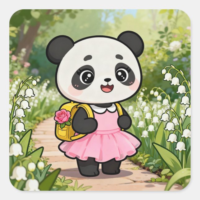Pegatina Cuadrada Adorable Kawaii Panda Girl on a Dreamy Path (Anverso)