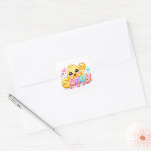 Pegatina Cuadrada Adorable Kawaii Pollito Soleado Nombre Pastel Rosa