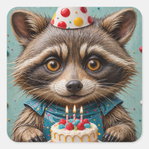 Pegatina Cuadrada Adorable mapache con un pastel de cumpleaños
