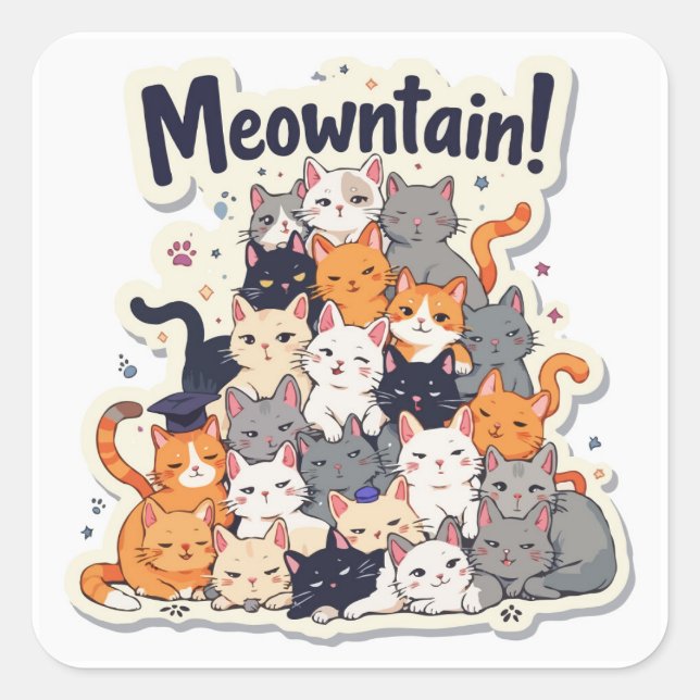 Pegatina Cuadrada Adorable 'Meowntain' Gracioso Cat Stack (Anverso)