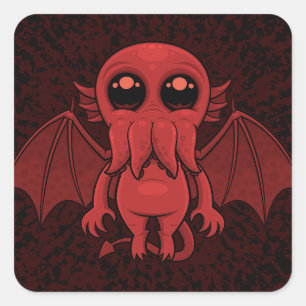 Pegatina Cuadrada Adorable Monstruo del Mar de Cthulhu Rojo
