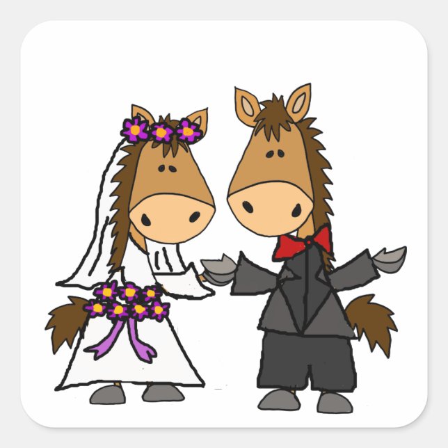 Pegatina Cuadrada Adorable Novia de Caballo y Boda Groom (Anverso)