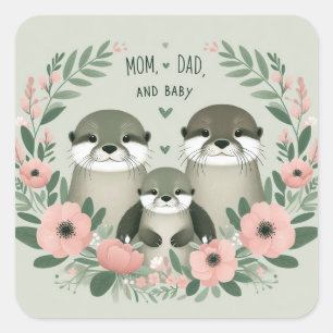 Pegatina Cuadrada Adorable Otter Boho Mamá papá y bebé