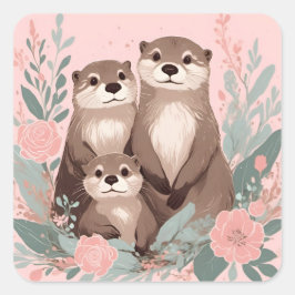Pegatina Cuadrada Adorable Otter Boho Rosa Mamá papá y bebé
