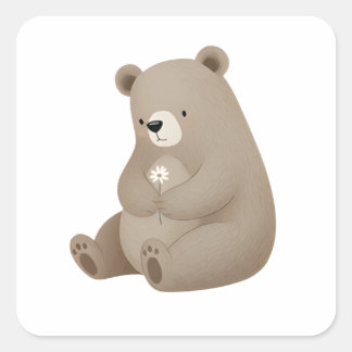 Pegatina Cuadrada Adorable Ours Brun à la Marguerite – Illustration