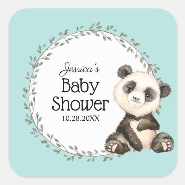 Pegatina Cuadrada Adorable Panda Bear Baby Shower (Anverso)