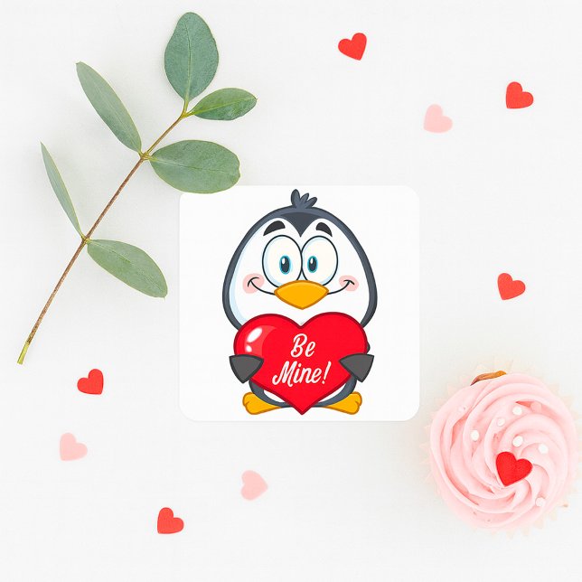 Pegatina Cuadrada Adorable Penguin Holding Be Mine Heart (Subido por el creador)
