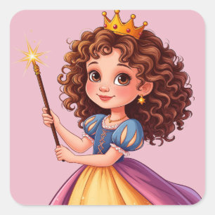 Pegatina Cuadrada Adorable princesa sosteniendo varita mágica