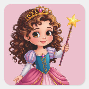 Pegatina Cuadrada Adorable princesa sosteniendo varita mágica