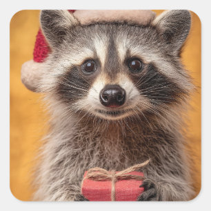 Pegatina Cuadrada Adorable Raccoon en un Sombrero de Santa que sosti