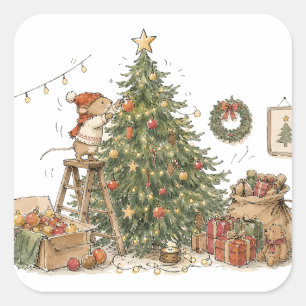 Pegatina Cuadrada Adorable ratón decorando árbol de Navidad para Lo