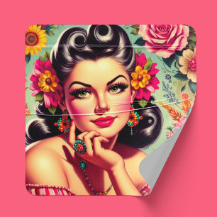 Pegatina Cuadrada Adorable retrato floral de chica pin-up