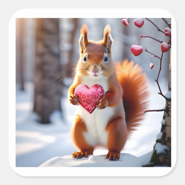 Pegatina Cuadrada Adorable San Valentín - ardilla sosteniendo el cor (Anverso)