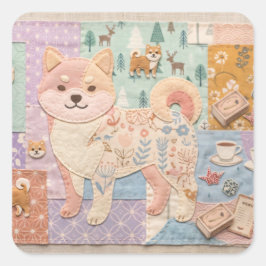 Pegatina Cuadrada Adorable Shiba Inu Japonés Patrón Floral de Parche