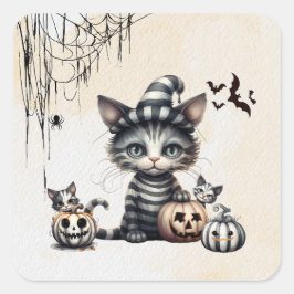 Pegatina Cuadrada Adorable Spooky Halloween Kitten