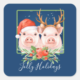 Pegatina Cuadrada Adorablemente Navidades de parejas de cerdo adorab