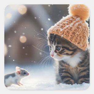 Pegatina Cuadrada Adorables gatitos y ratones en la nieve juntos