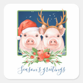 Pegatina Cuadrada Adorables Navidades de parejas de cerdo rosadas