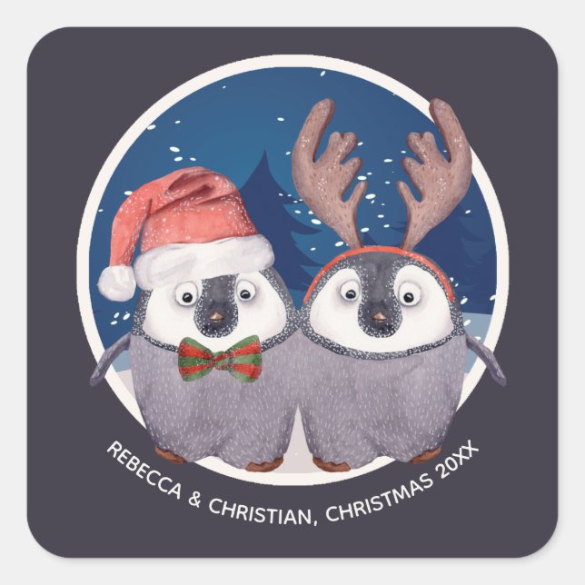 Pegatina Cuadrada Adorables Navidades de parejas de pingüinos (Anverso)
