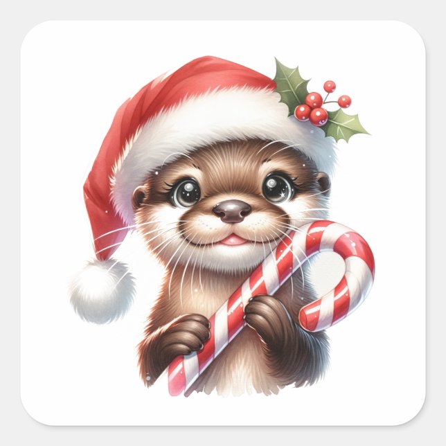 Pegatina Cuadrada Adorables Navidades en Santa Hat con Candy (Anverso)