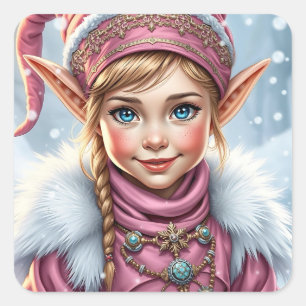 Pegatina Cuadrada Adorables Navidades festivos de Elf Rosa
