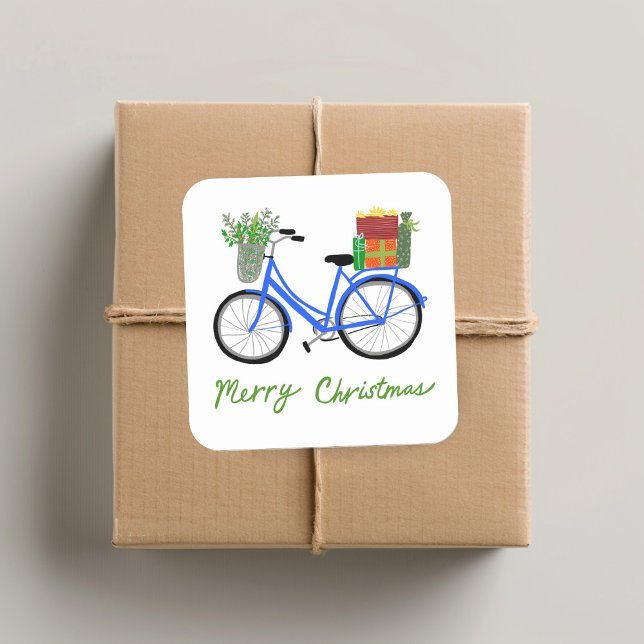 Pegatina Cuadrada Adorables Navidades Regalos de Navidad en biciclet (Adorable Christmas Bicycle Holiday Xmas Gifts Square Sticker
)