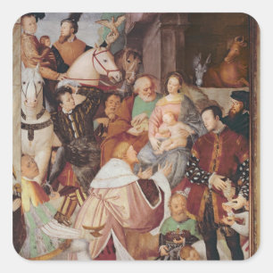 Pegatina Cuadrada Adoración de unos de los reyes magos, c.1532-35