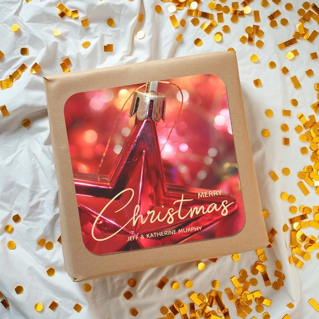 Pegatina Cuadrada Adorno de estrella de Navidad (Star Ornament Christmas Classic 3" Square Stickers (smaller size, too))