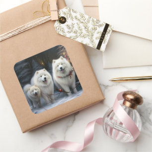 Pegatina Cuadrada Adorno de Navidad de Trineo Nevado Samoyedo