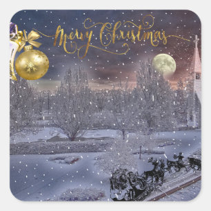 Pegatina Cuadrada Adorno de Navidad Feliz Navidad en letra cursiva e