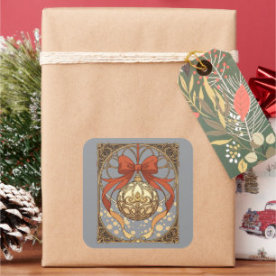 Pegatina Cuadrada Adorno de Navidad Rojo y Beige Art Nouveau