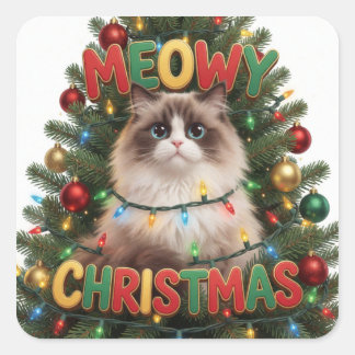 Pegatina Cuadrada Adorno divertido de gato de Navidad alegría navide