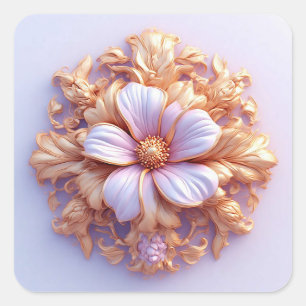 Pegatina Cuadrada 🌸 Adorno Floral Dorado Decoración de Lujo Regalo