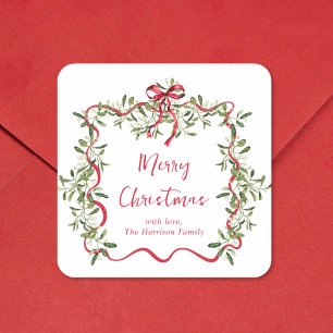 Pegatina Cuadrada Adorno Ondulado Rojo de Navidad con Verdor