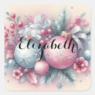 Pegatina Cuadrada Adornos de árbol de Navidad tipografía acuarela  C