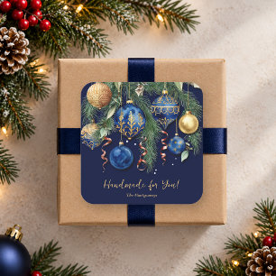 Pegatina Cuadrada Adornos de Navidad de oro y azul hechos a mano par