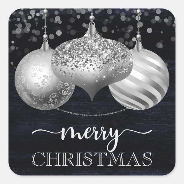 Pegatina Cuadrada Adornos de Navidad Elegantes de Plata (Anverso)