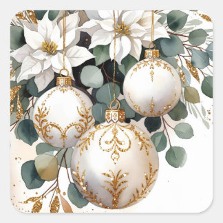 Pegatina Cuadrada Adornos de Navidad en Acuarela Blanco y Dorado Ele