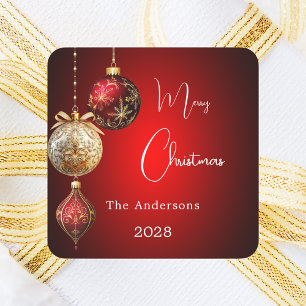 Pegatina Cuadrada Adornos dorados rojos de Navidad
