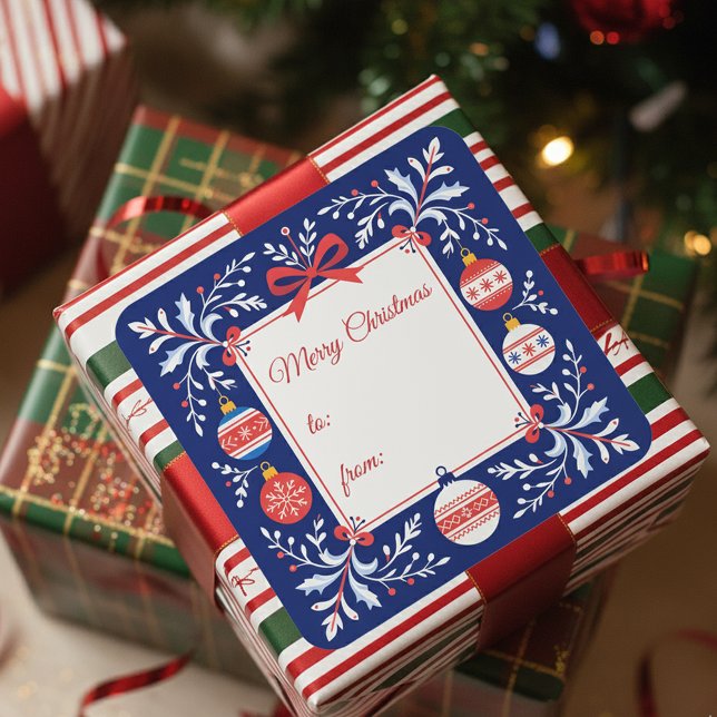 Pegatina Cuadrada Adornos Navideños de Arte Popular en Azul Marino y (Subido por el creador)