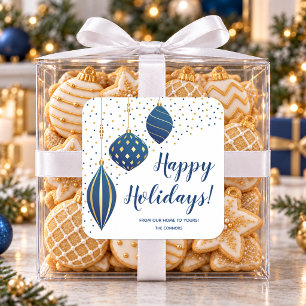 Pegatina Cuadrada Adornos Navideños de Oro Azul y Puntos Fiesta