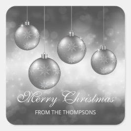 Pegatina Cuadrada Adornos Navideños Gris Plateado Con Texto Personal