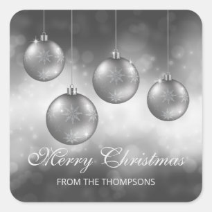 Pegatina Cuadrada Adornos Navideños Gris Plateado Con Texto Personal