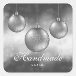 Pegatina Cuadrada Adornos Navideños Gris Plateado - Hechos a Mano - 