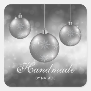 Pegatina Cuadrada Adornos Navideños Gris Plateado - Hechos a Mano - 