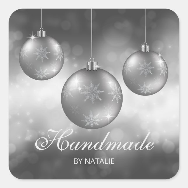 Pegatina Cuadrada Adornos Navideños Gris Plateado - Hechos a Mano -  (Anverso)