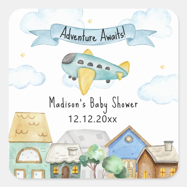 Pegatina Cuadrada Adventure Awaits Aviator Airplane Baby Shower  (Anverso)