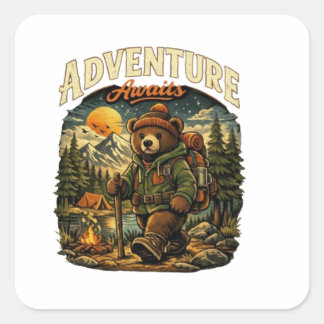 Pegatina Cuadrada Adventure Awaits Vintage Bear Hiking Sticker