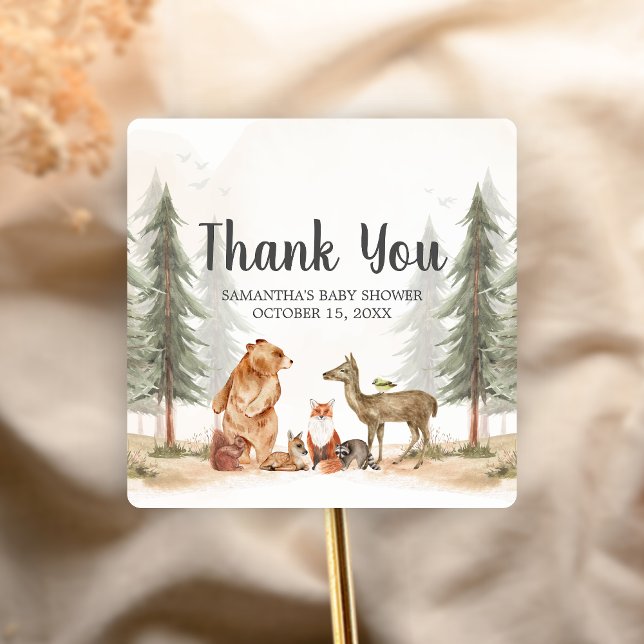 Pegatina Cuadrada Adventure Awaits Woodland Baby Shower (Woodland Baby Shower Sticker)